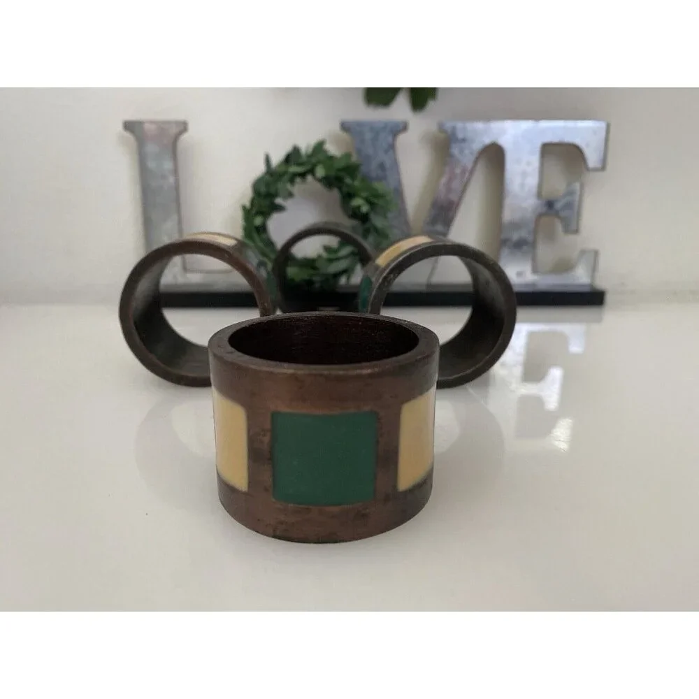 Vintage 1980s Pier 1 Napkin Rings Bronze Green Yellow Inlay Set of 4‎ Retro EUC